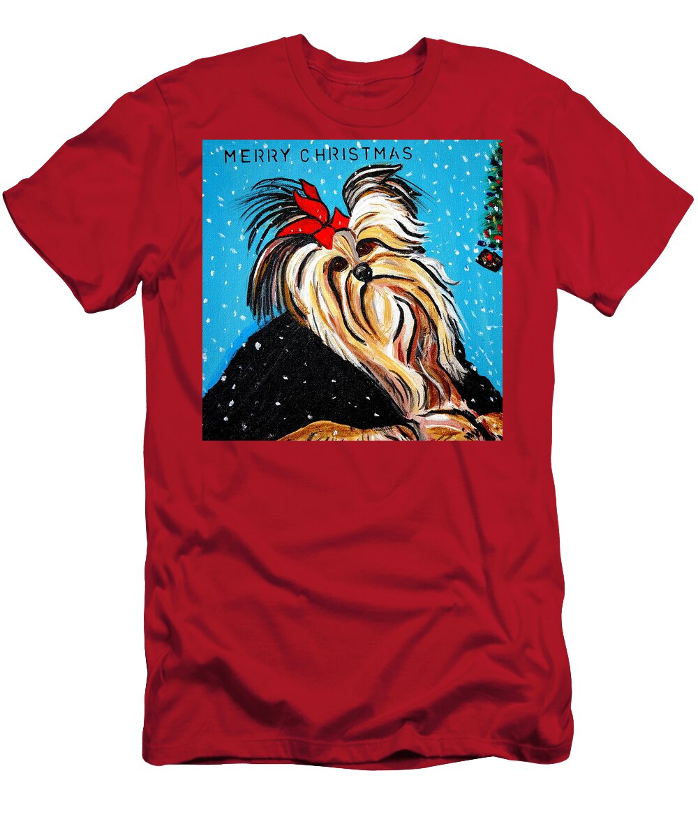 Yorkie Christmas Card T-Shirt featuring the painting Yorkie Christmas by Nora Shepley