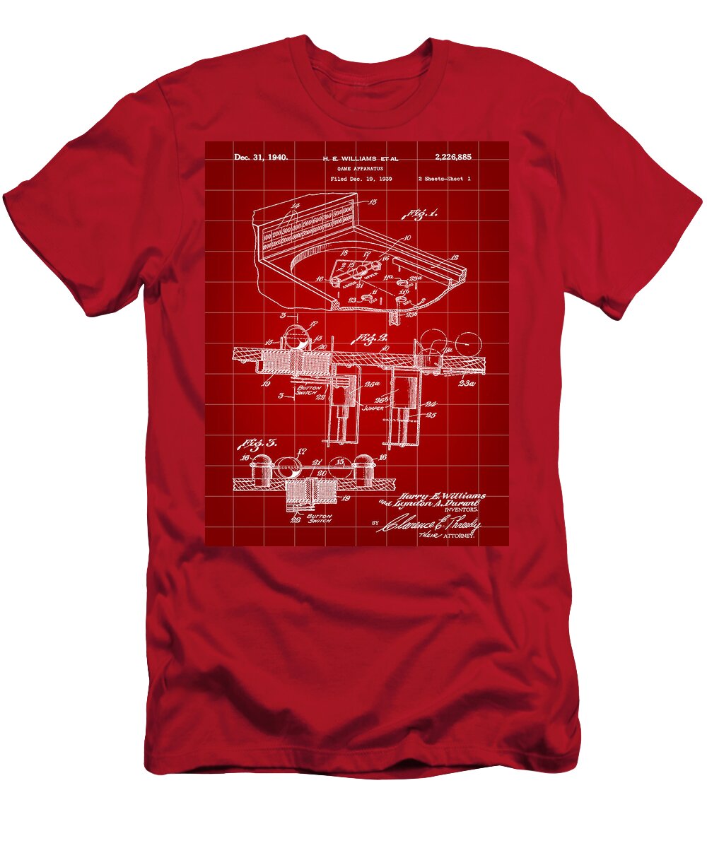Pinball T-Shirt featuring the digital art Pinball Machine Patent 1939 - Red by Stephen Younts