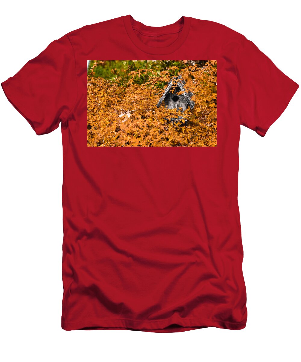 Fall Foliage T-Shirt featuring the photograph A bird house sits empty in fall by Jeff Folger