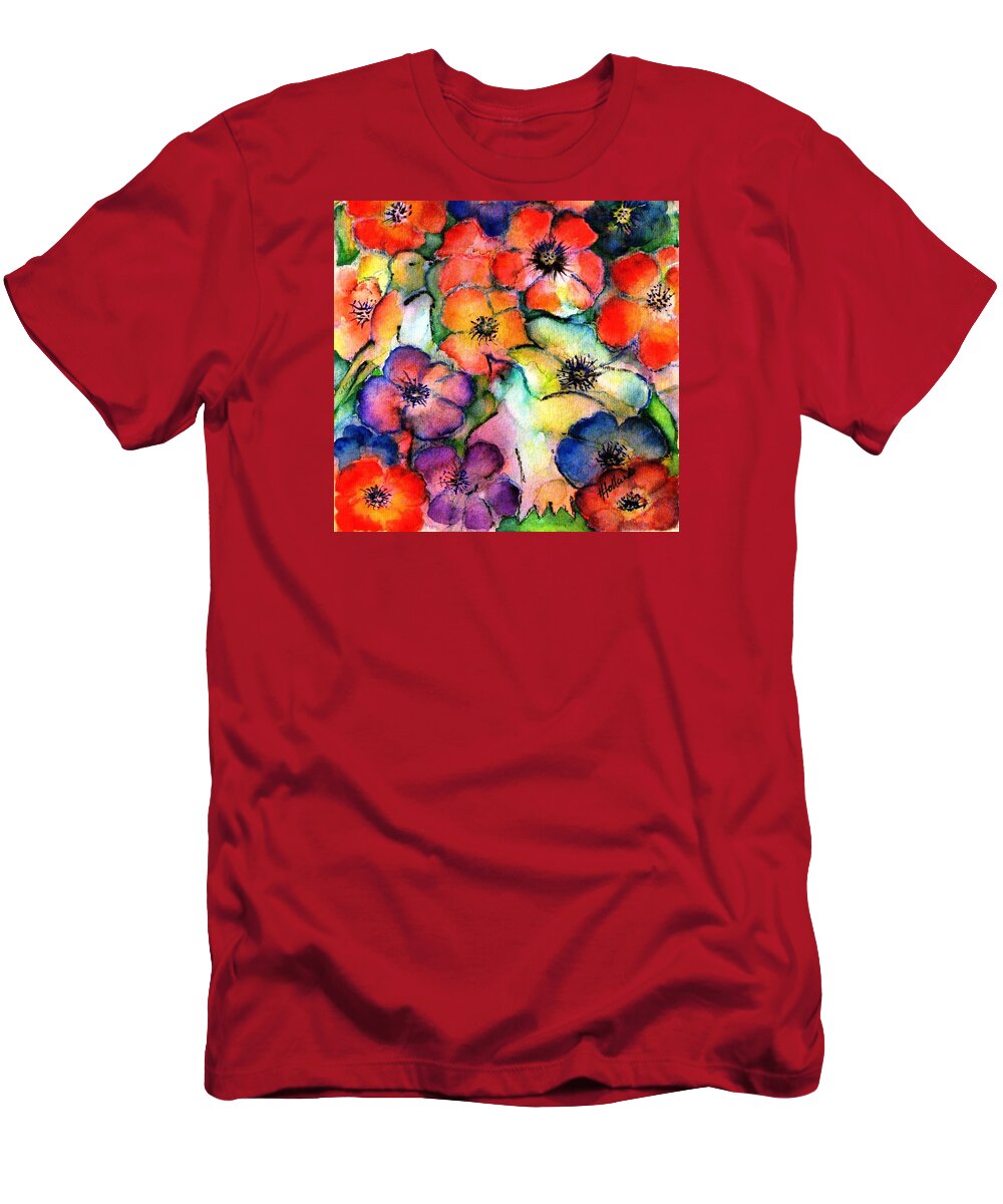 Rainbow-colored Flowers T-Shirt featuring the painting A Rainbow Garden by Hazel Holland