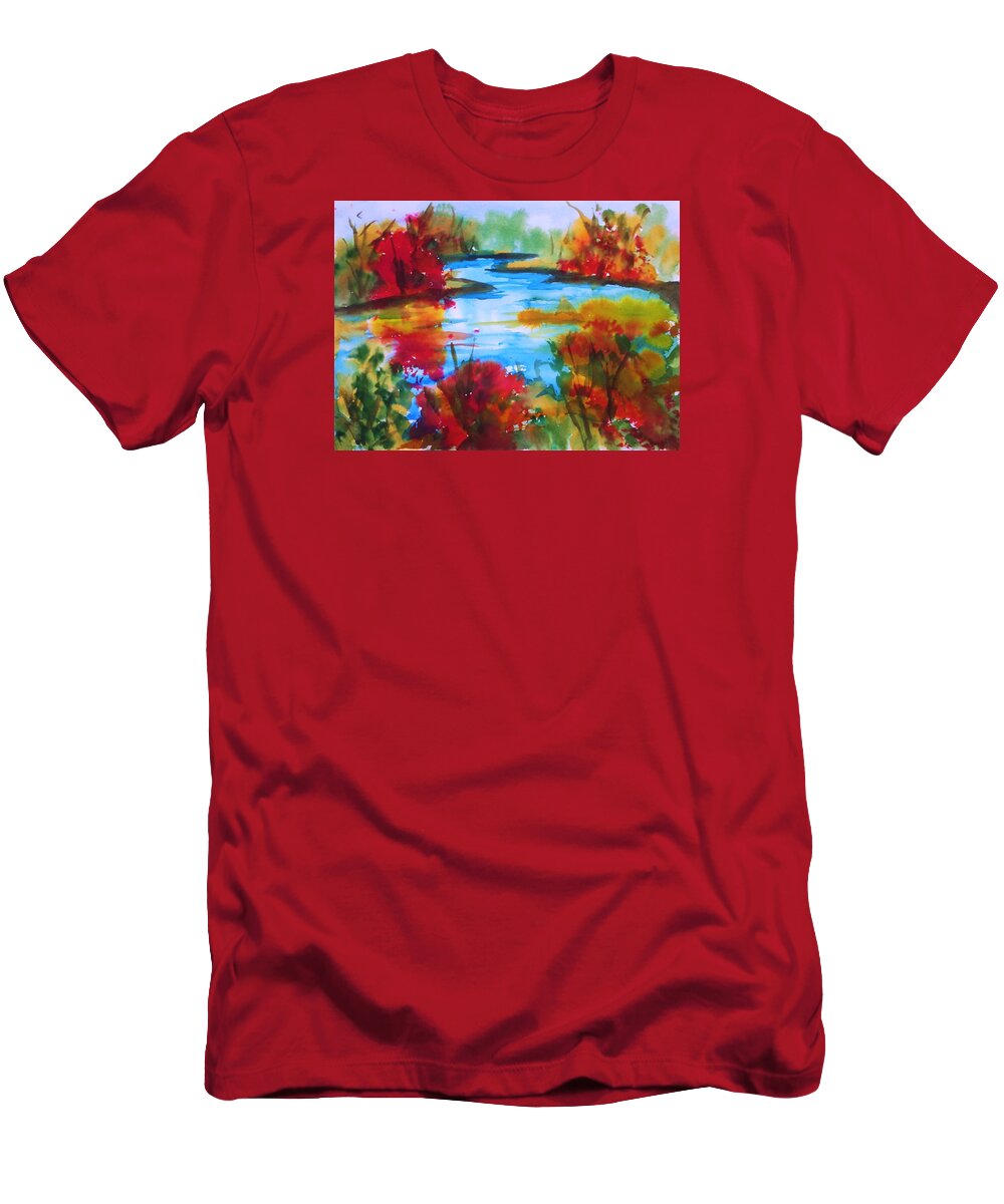 Autumn T-Shirt featuring the painting Abstract - Autumn Blaze on Catskill Creek by Ellen Levinson