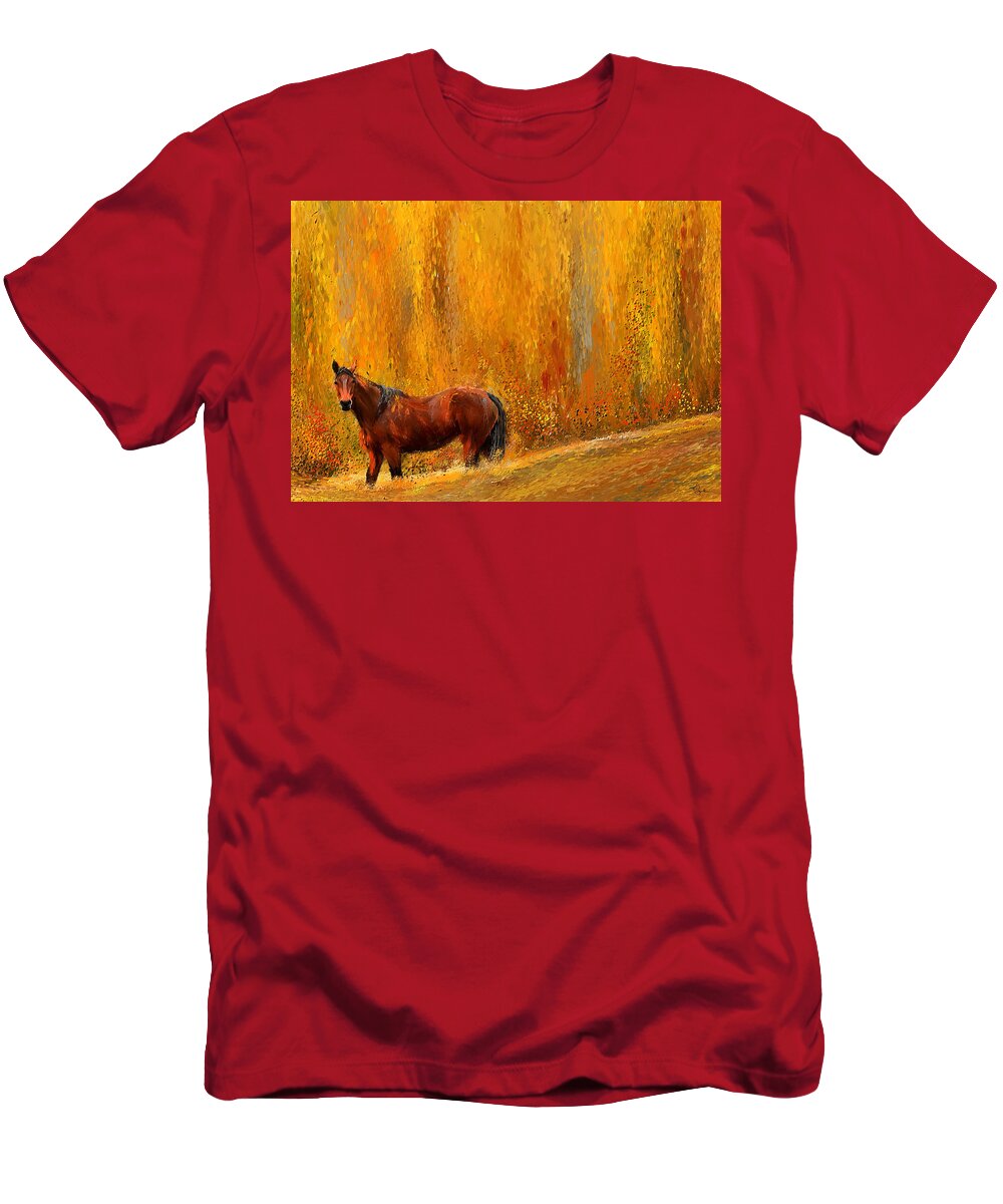 Bay Horse Paintings T-Shirt featuring the painting Alone In Grandeur- Bay Horse Paintings by Lourry Legarde