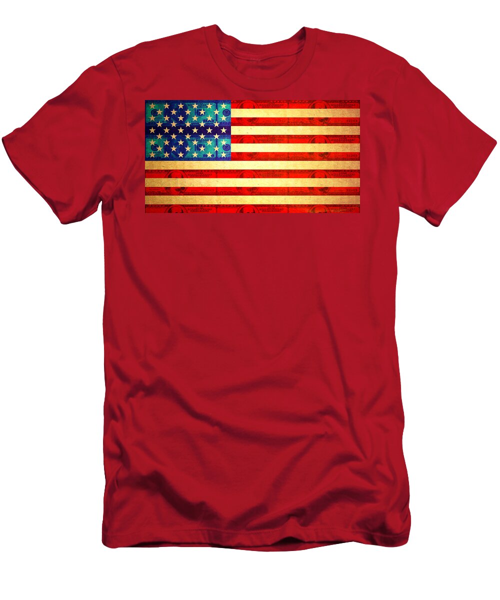 Aged T-Shirt featuring the digital art American money flag by Steve Ball