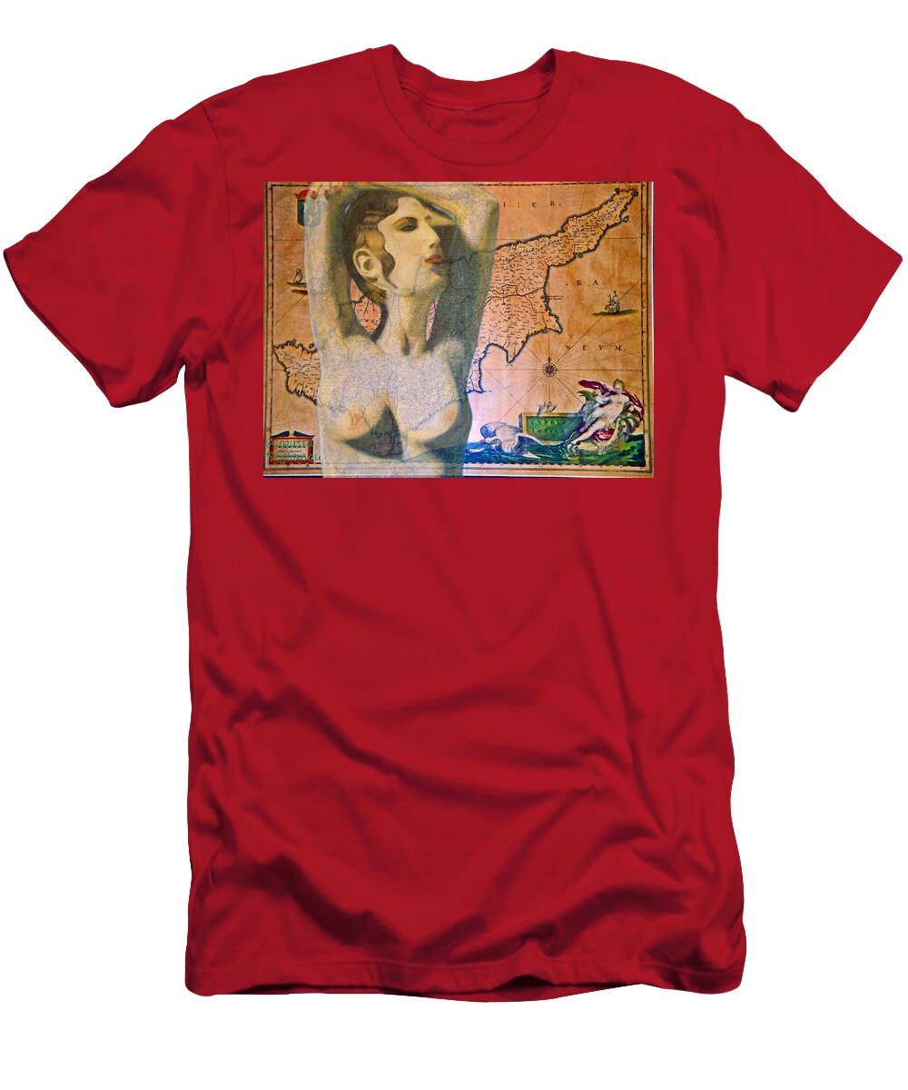 Augusta Stylianou T-Shirt featuring the digital art Ancient Cyprus Map and Aphrodite by Augusta Stylianou