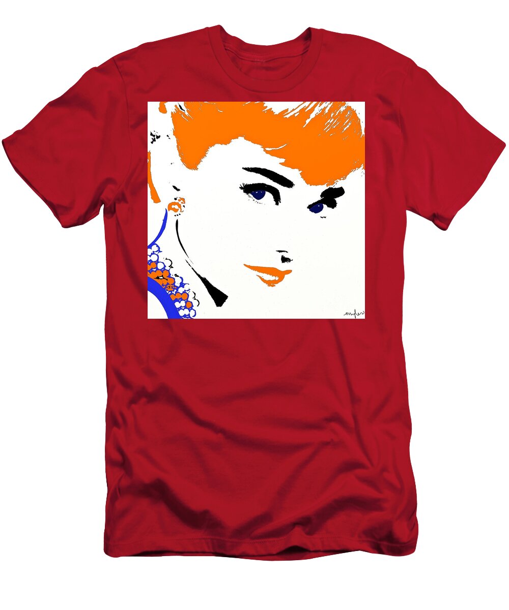 Audrey So Beautiful In Orange And Blue T-Shirt featuring the painting Audrey So Beautiful in Orange and Blue by Saundra Myles