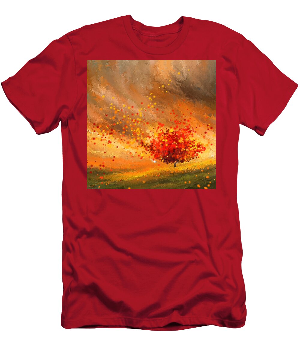 Four Seasons T-Shirt featuring the painting Autumn-Four Seasons- Four Seasons Art by Lourry Legarde