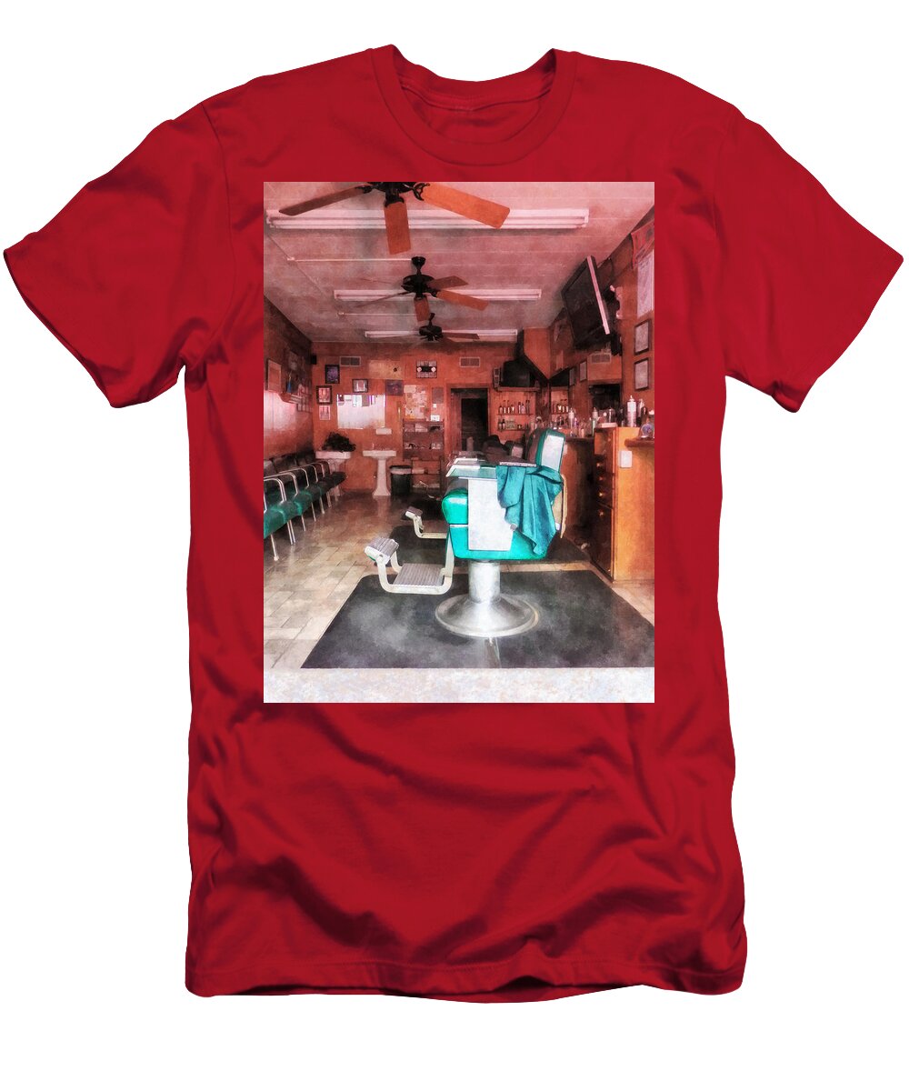 Barber T-Shirt featuring the photograph Barber - Barber Shop With Green Barber Chairs by Susan Savad