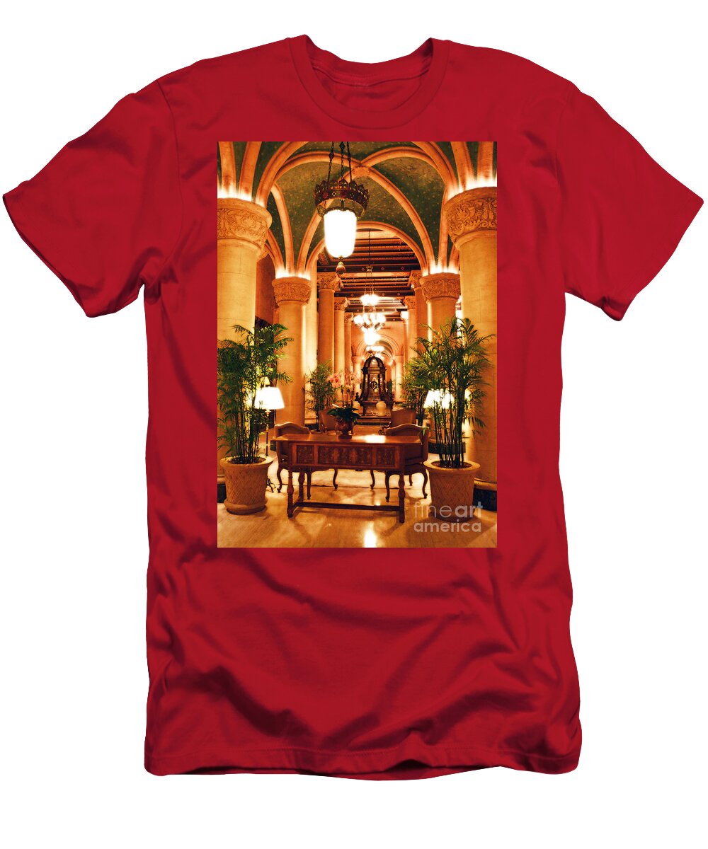Biltmore T-Shirt featuring the digital art Biltmore Hotel Vintage Lobby Coral Gables Miami Florida Arches and Columns Diffuse Glow Digital Art by Shawn O'Brien