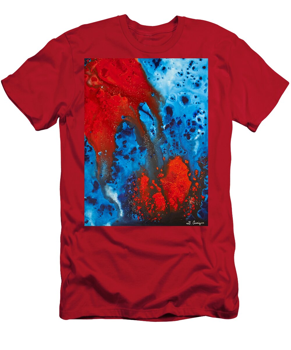 Red T-Shirt featuring the painting Blue And Red Abstract 3 by Sharon Cummings