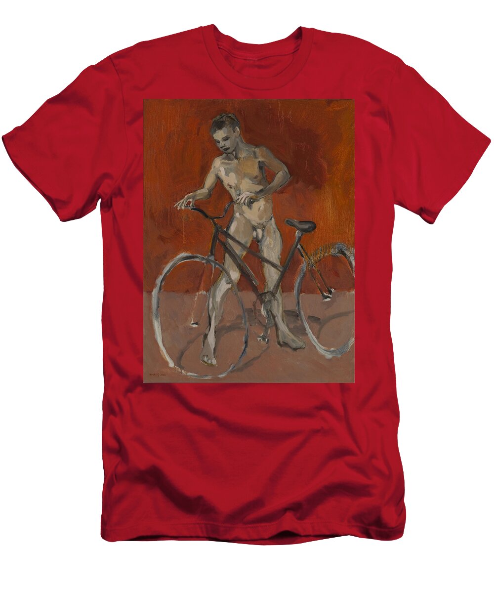 Boy T-Shirt featuring the painting Boy with bicycle red oxide by Peregrine Roskilly