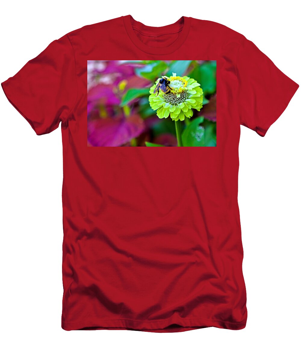 Bumble Bee On A Green Flower T-Shirt featuring the photograph Bumble Bee by Sennie Pierson
