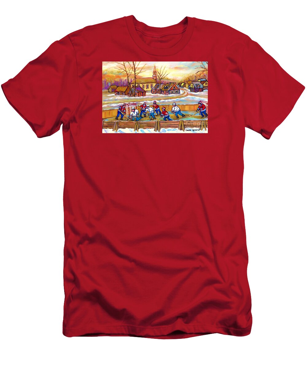 Montreal T-Shirt featuring the painting Canadian Village Scene Hockey Game Quebec Winter Landscape Outdoor Hockey Carole Spandau by Carole Spandau