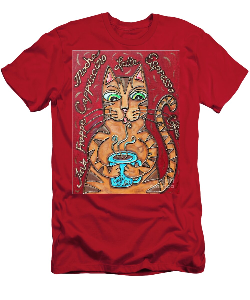 Cat T-Shirt featuring the mixed media Cat Cafe au Lait by Cynthia Snyder