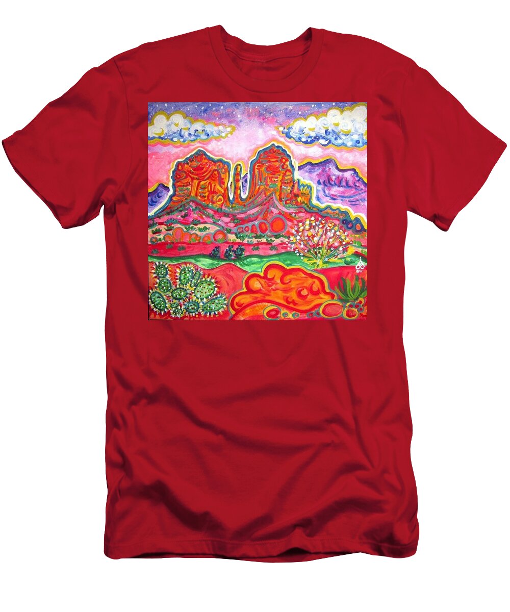 Sedona T-Shirt featuring the painting Cathedral Rock Sunset by Rachel Houseman