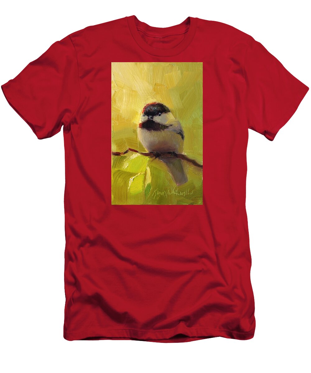 Spring T-Shirt featuring the painting Chatty Chickadee - Cheeky Bird by K Whitworth