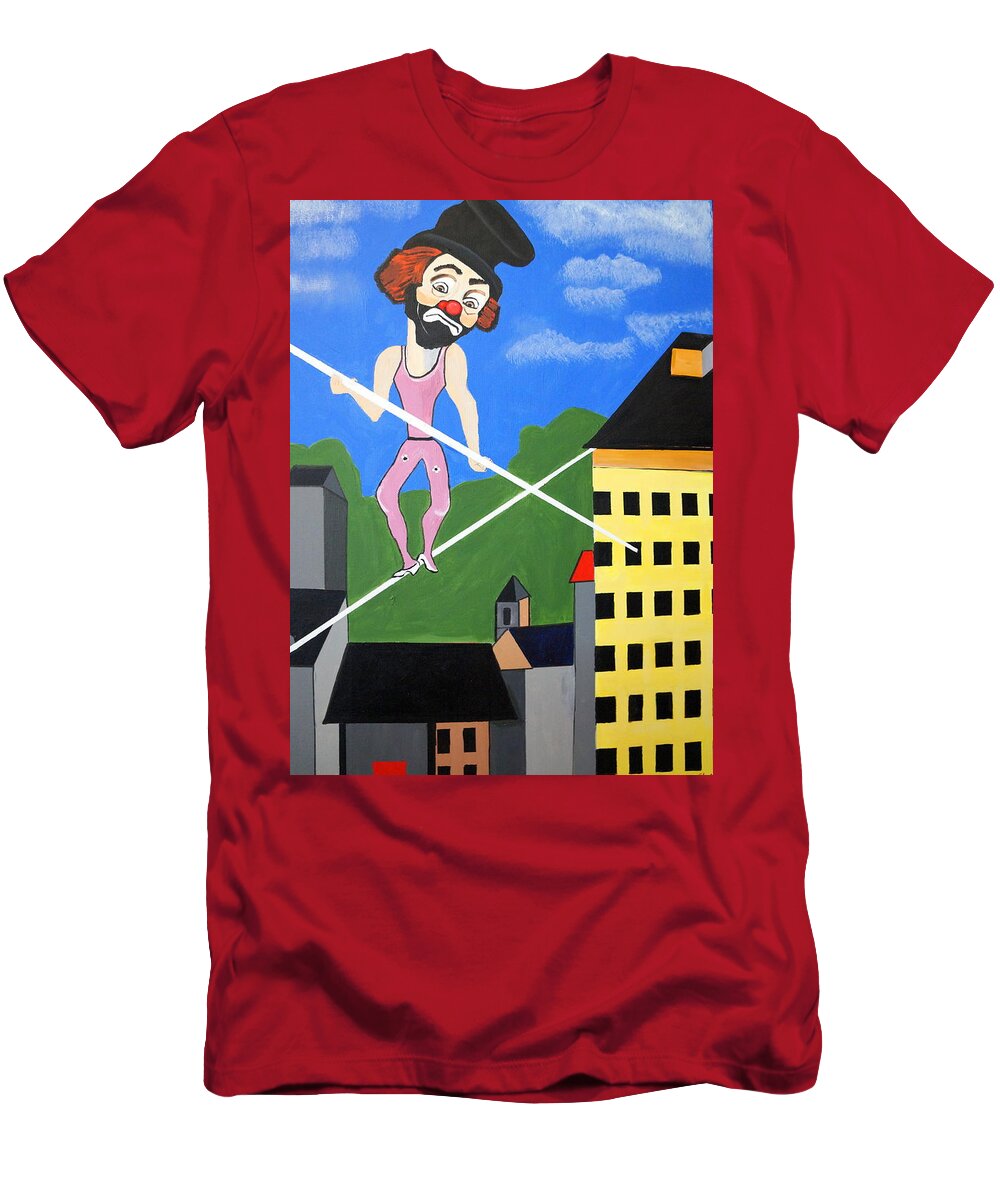 Clown Tight Roping T-Shirt featuring the painting Clown Tight Roping by Nora Shepley