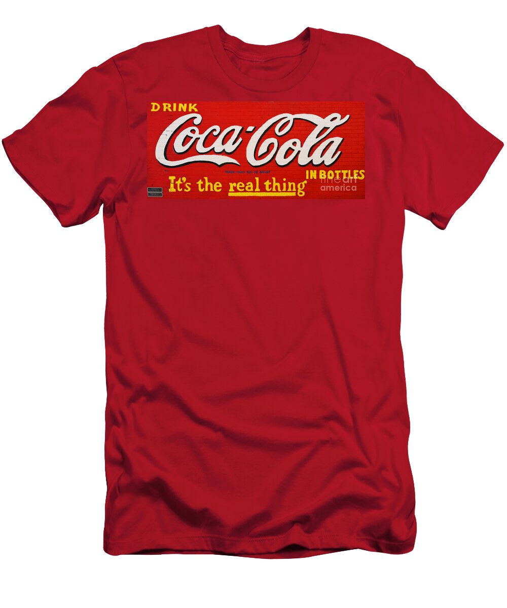 Coke T-Shirt featuring the photograph Coca Cola Coke Vintage Americana Red Street Sign on a Brick Wall by Shawn O'Brien