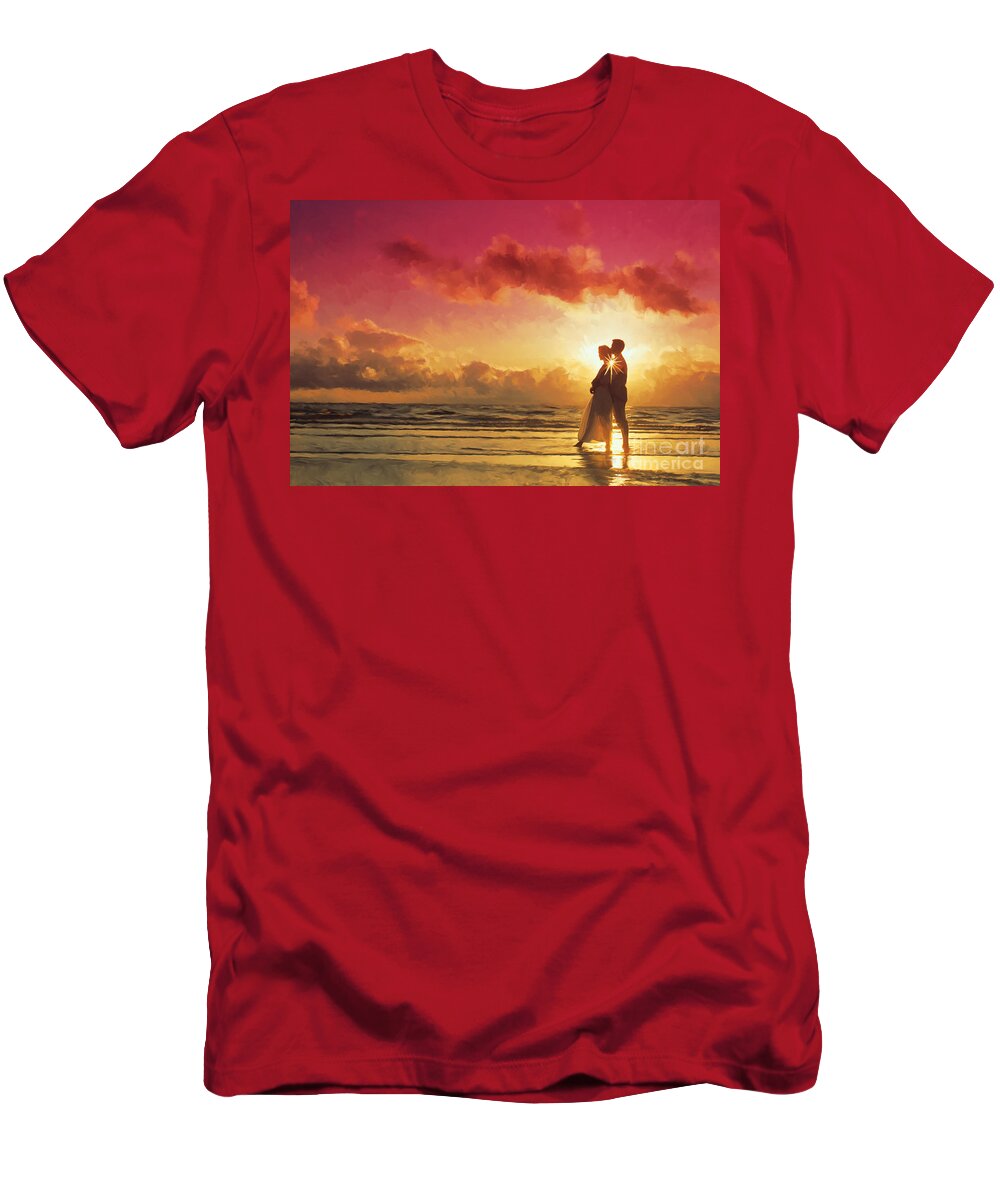 Couple At Sunset On The Beach T-Shirt featuring the painting Couple At Sunset On The Beach by Tim Gilliland