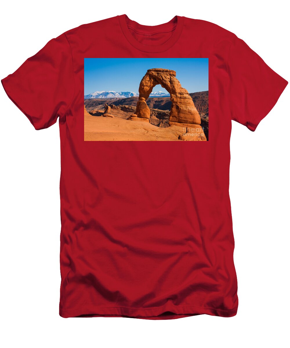 Arches National Park T-Shirt featuring the photograph Delicate Arch and La Sal Mountains 02 Arches National Park by Dan Hartford