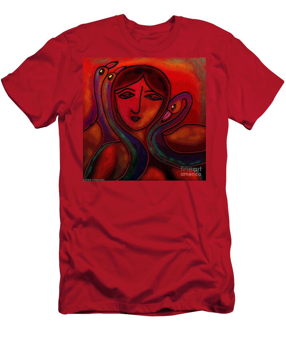 Flamingoes Painting T-Shirt featuring the digital art Flamingoes- Mural style by Latha Gokuldas Panicker