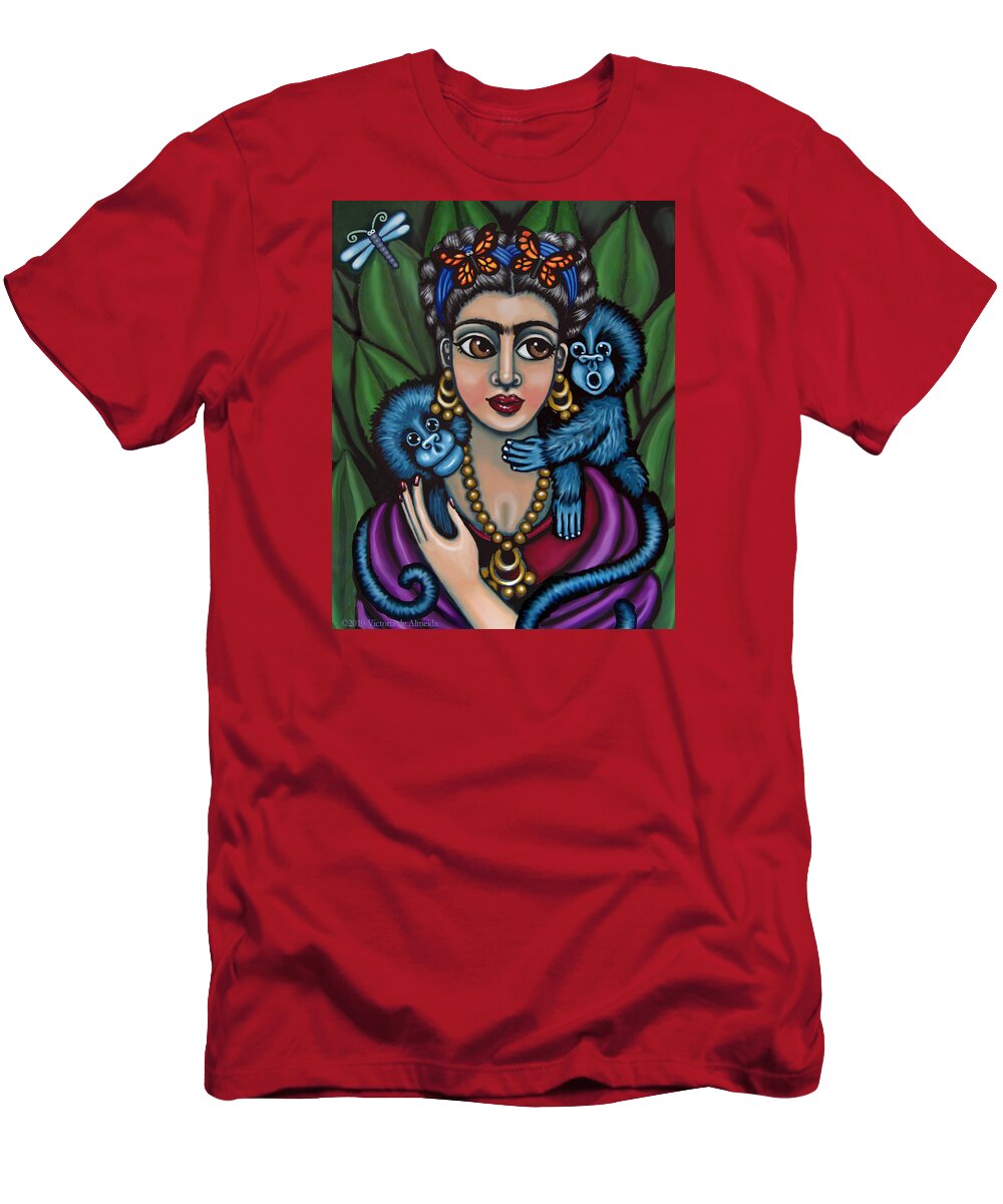 Mexican Folk Art T-Shirt featuring the painting Frida's Monkeys by Victoria De Almeida