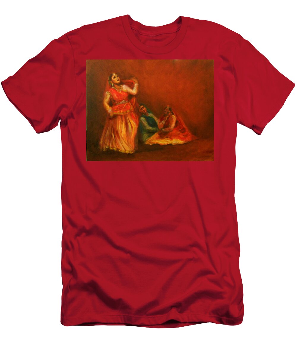 Kathak Dancers T-Shirt featuring the painting Gopis distressed as Krishna is not seen by Asha Sudhaker Shenoy