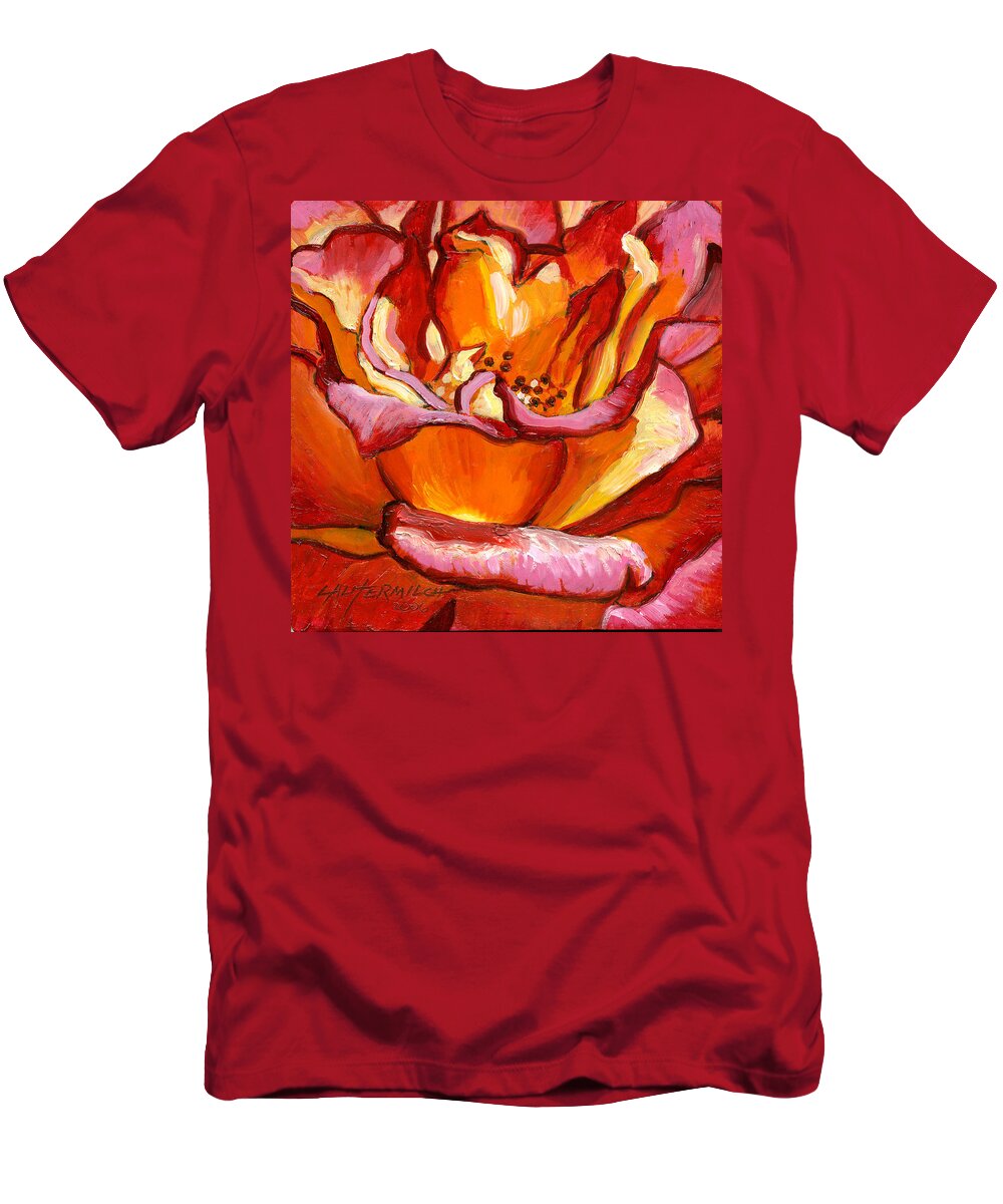 Rose T-Shirt featuring the painting Heart of the Rose #2 by John Lautermilch