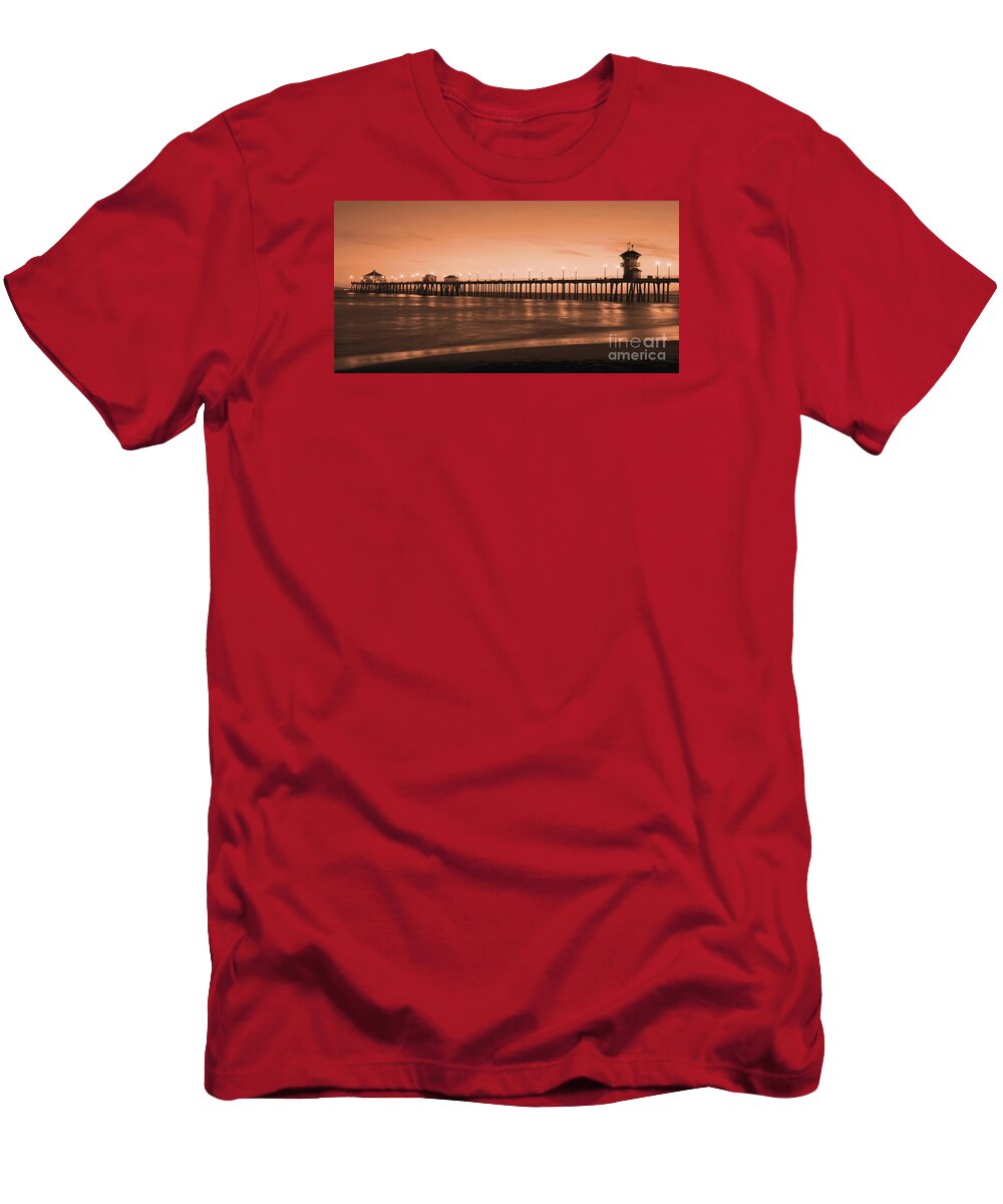 Huntington Beach T-Shirt featuring the photograph Huntington Beach Pier - Twilight Sepia by Jim Carrell