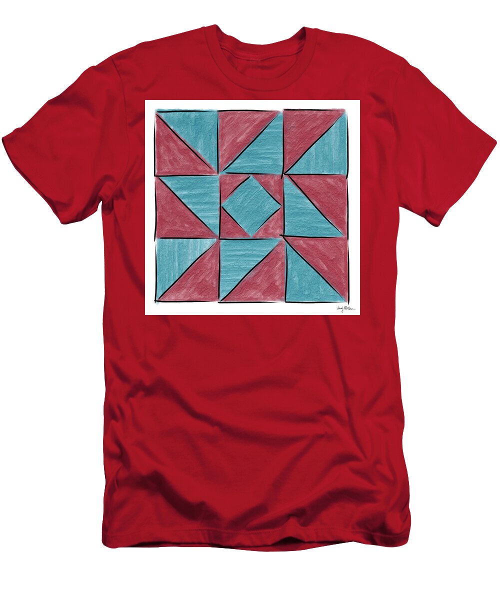 Quilt T-Shirt featuring the painting Indiana Puzzle in Blue and Burgundy by Sandy MacGowan