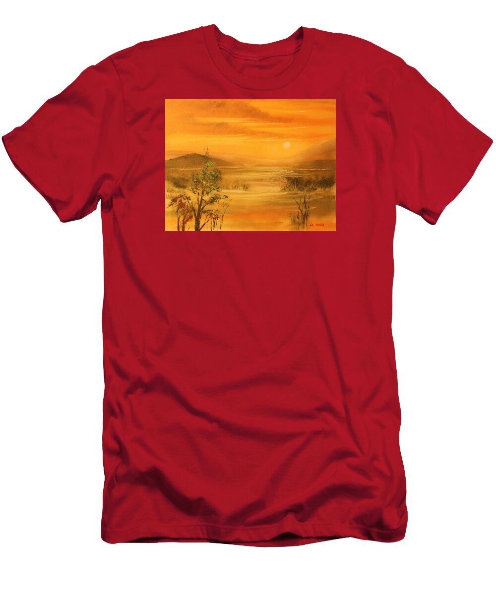 Sunset T-Shirt featuring the painting Intense Orange by Remegio Onia