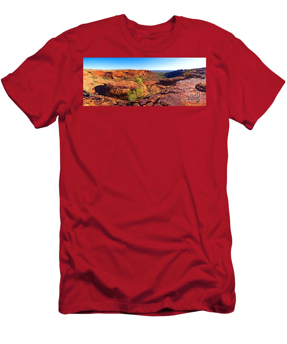 Kings Canyon Outback Water Hole Central Australia Northern Territory Australian Landscape Landscapes Rocky Outcrop Ghost Gums Trees Cliff Face T-Shirt featuring the photograph Kings Canyon by Bill Robinson