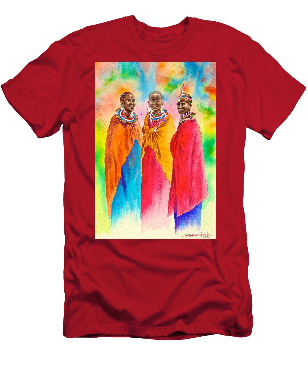 African Paintings T-Shirt featuring the painting Maasai Life 14 by Joseph Thiongo