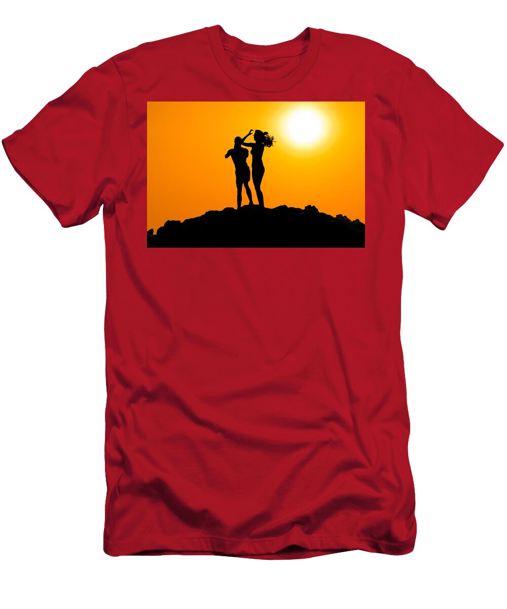 Man T-Shirt featuring the photograph Man and woman silhouette at sunset by Brch Photography