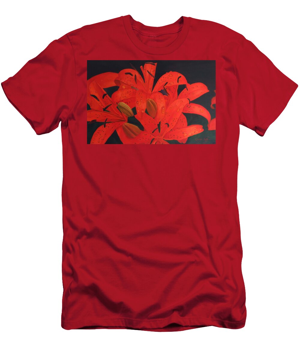 Lilies Flowerpaimtimgs Oilpaintings Still Life Paintings Dew Water Drops T-Shirt featuring the painting Morning dew by George Tuffy