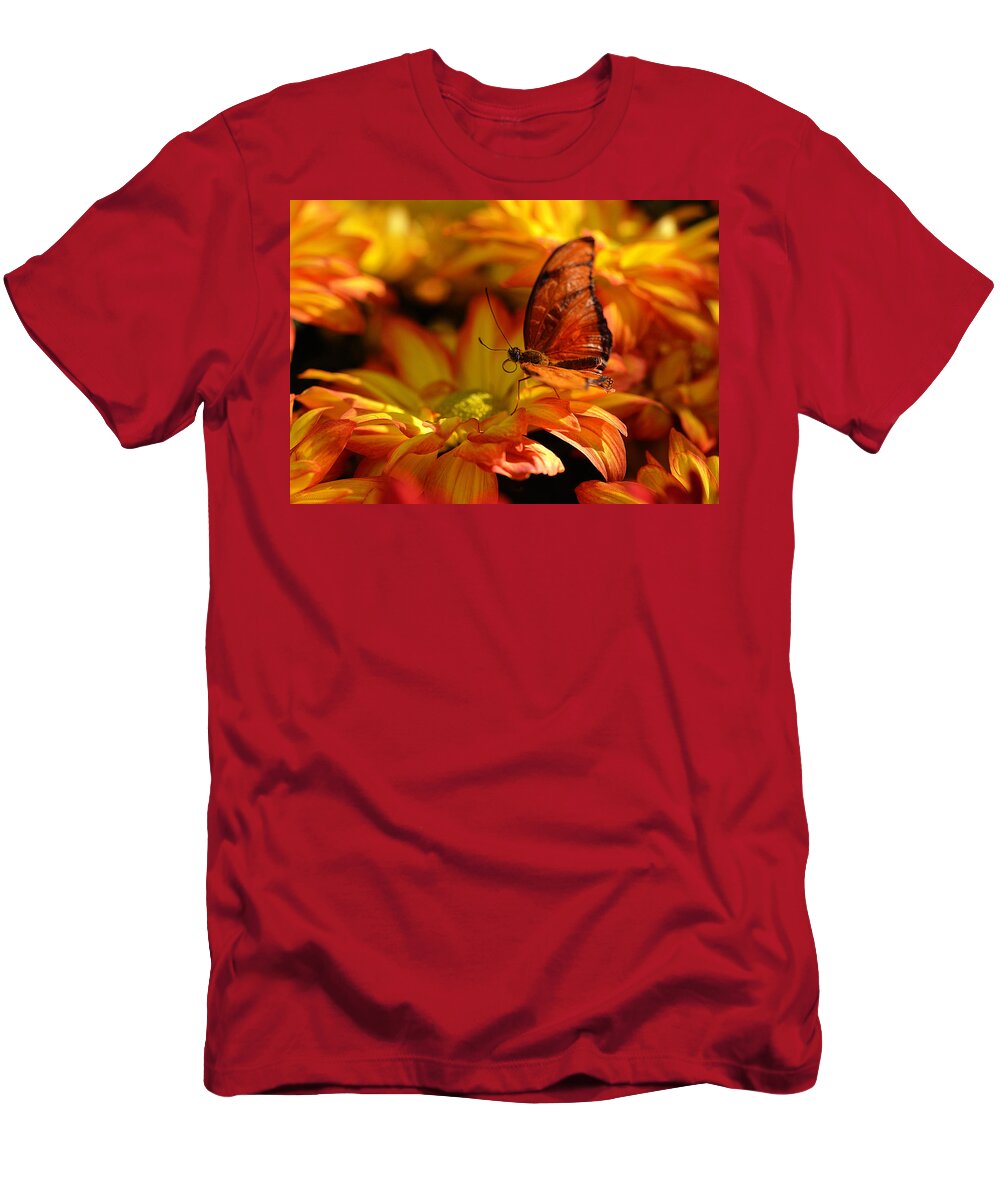 Mums T-Shirt featuring the photograph Orange Butterfly On Yellow Flowers by Maria Angelica Maira