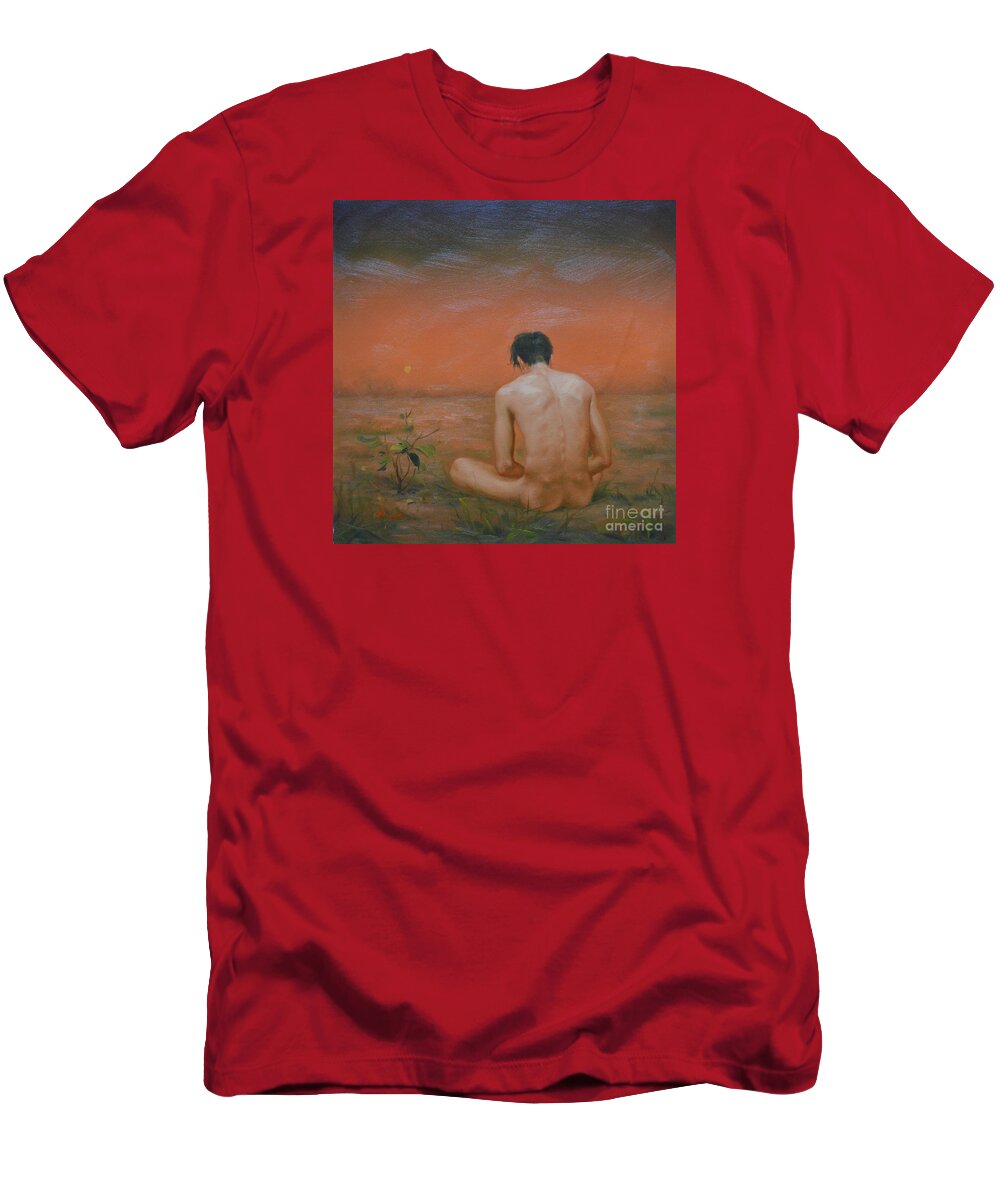 Original T-Shirt featuring the painting Original Oil Painting Gay Man Art-male Nude#16-2-5-43 by Hongtao Huang