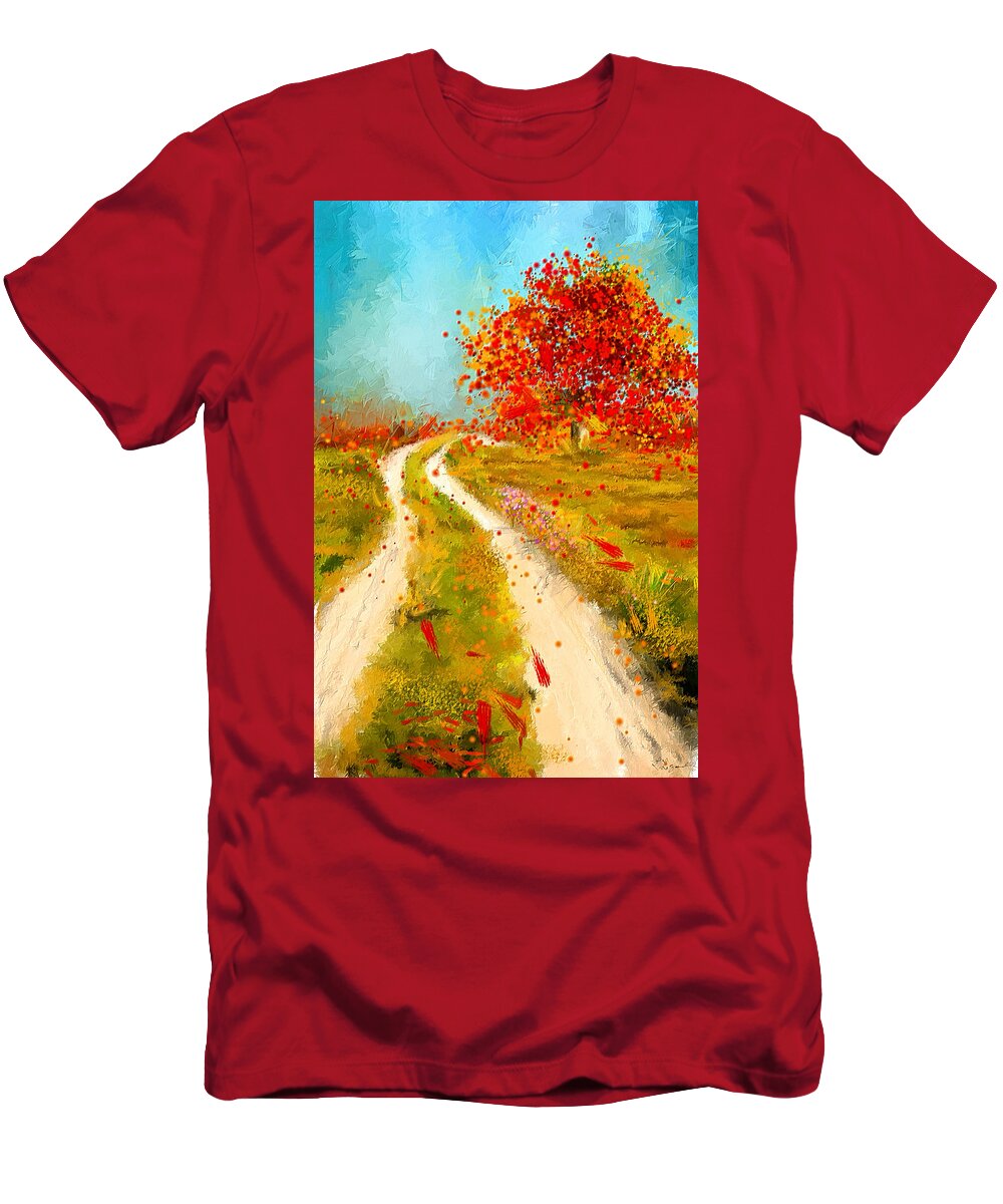 Gray And Red Art T-Shirt featuring the painting Path To Change- Autumn Impressionist Painting by Lourry Legarde