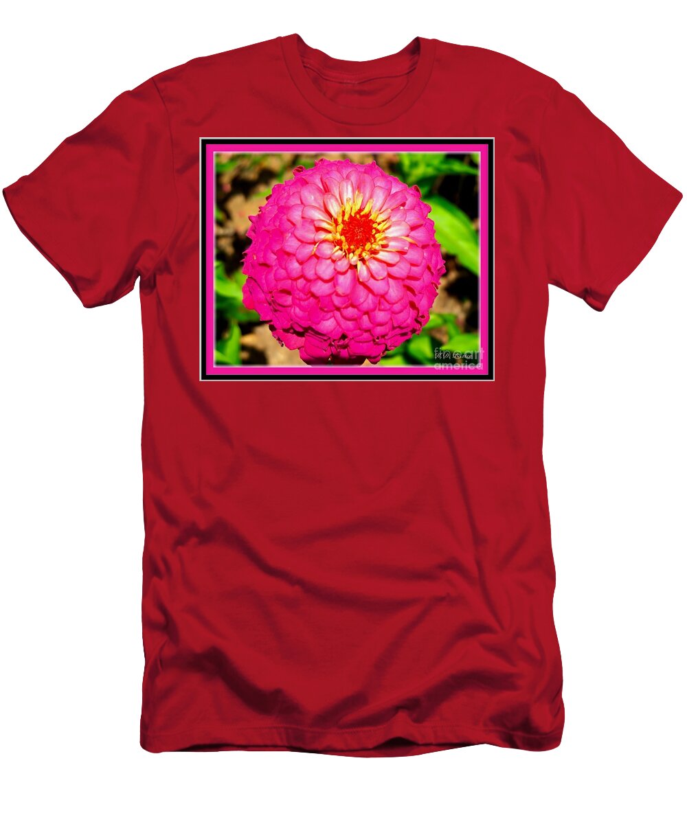 Zinnia Full Bloom Macro Capture Bright And Light Pink Green Backgorund With Hot Pink Border Flower Photos T-Shirt featuring the photograph Pretty Pink Princess Zinnia Flower Castle by Kimberlee Baxter