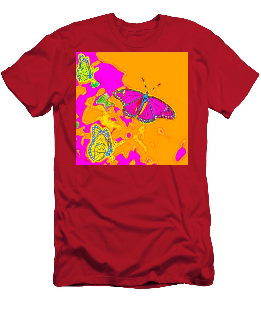 Pink T-Shirt featuring the digital art Psychedelic Butterflies by Marianne Campolongo