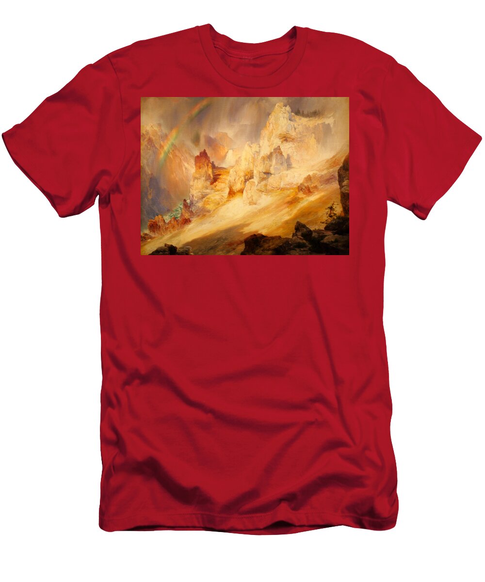 Thomas Moran T-Shirt featuring the painting Rainbow over the Grand Canyon of the Yellowstone by Thomas Moran