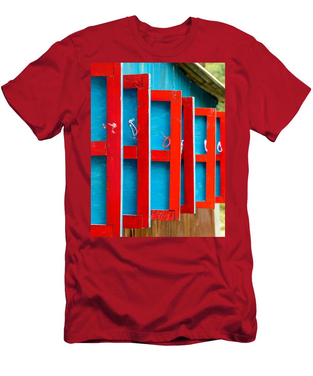 Blue T-Shirt featuring the photograph Red and blue wooden shutters by Dutourdumonde Photography