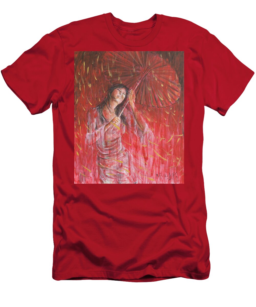 Red T-Shirt featuring the painting Red Geisha Rain Storm by Nik Helbig