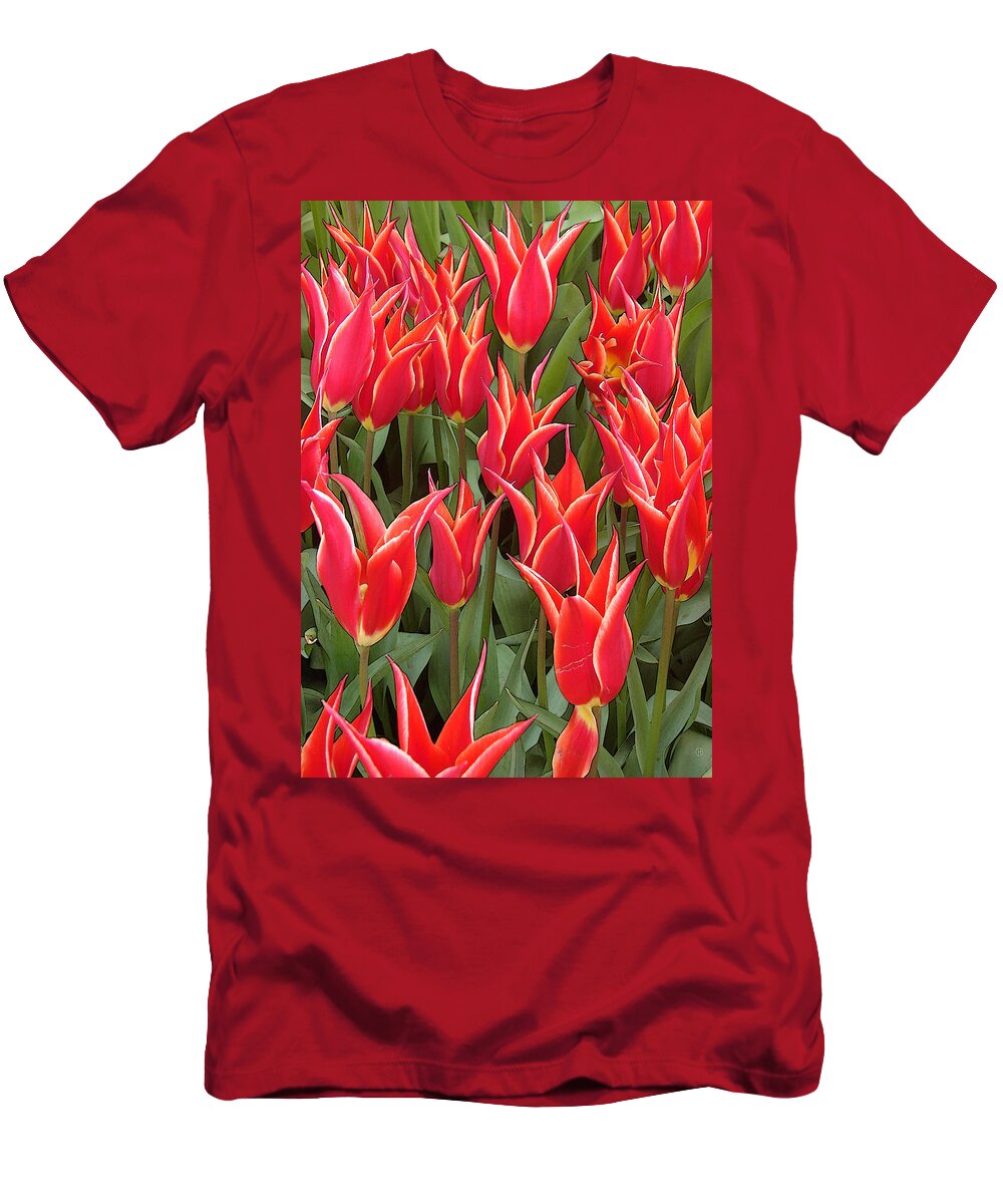 Red Tulips T-Shirt featuring the digital art Red Tulips Together by Gary Olsen-Hasek
