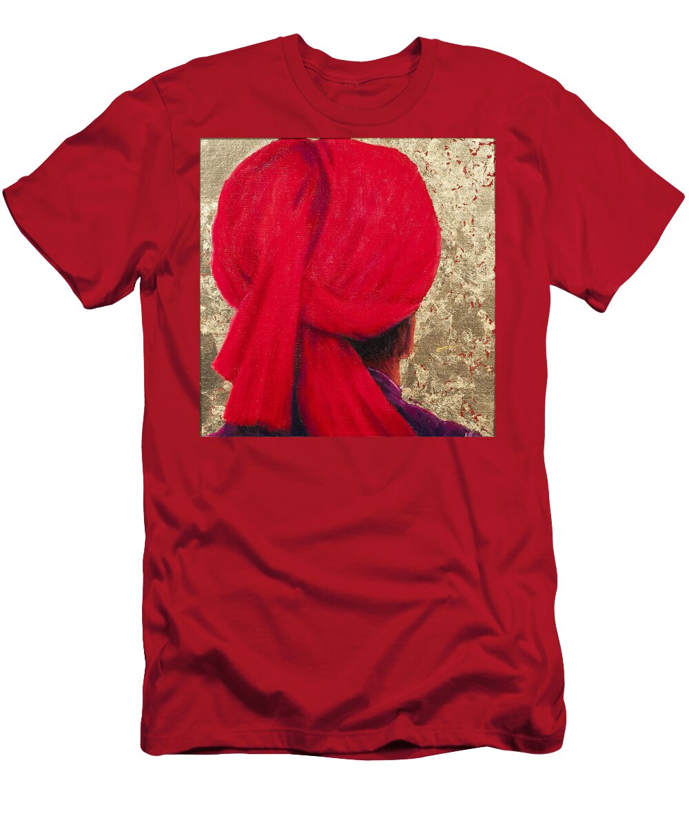 Red T-Shirt featuring the photograph Red Turban On Gold Leaf, 2014 Oil On Canvas With Gold Leaf by Lincoln Seligman