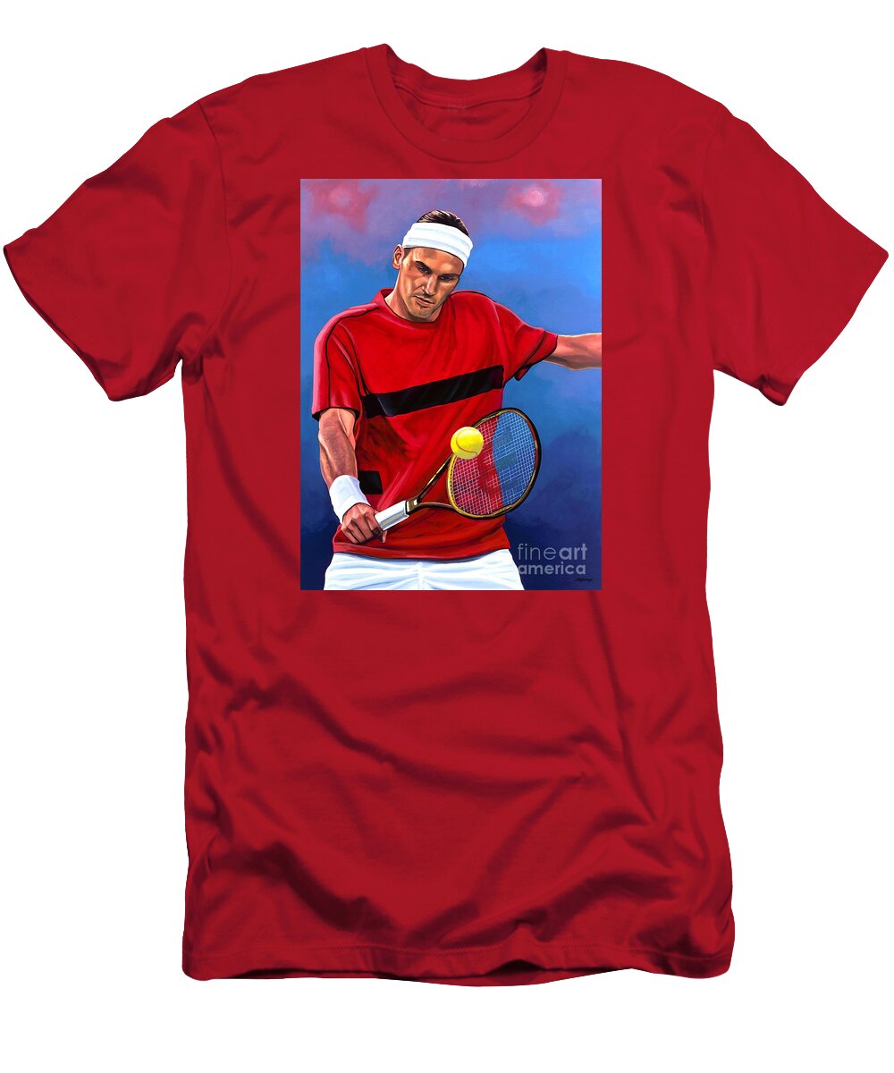 Roger Federer T-Shirt featuring the painting Roger Federer The Swiss Maestro by Paul Meijering
