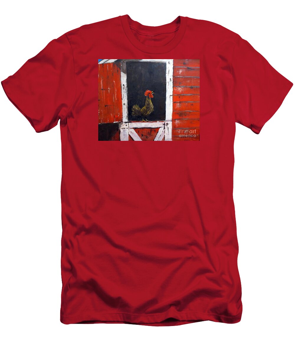 Rooster Painting T-Shirt featuring the painting Rooster In Window by Lee Piper