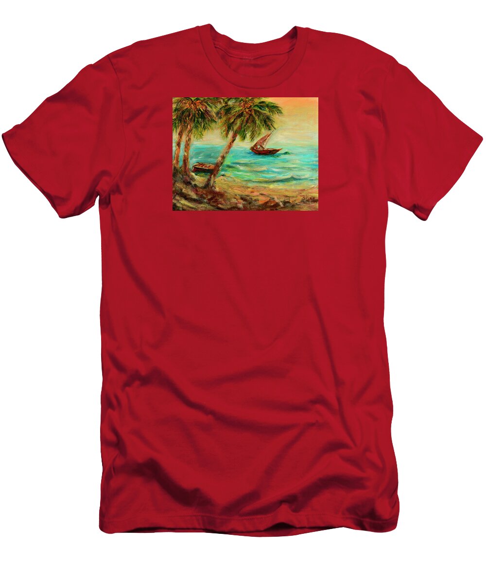 Indian Ocean T-Shirt featuring the painting Sail boats on Indian Ocean by Sher Nasser