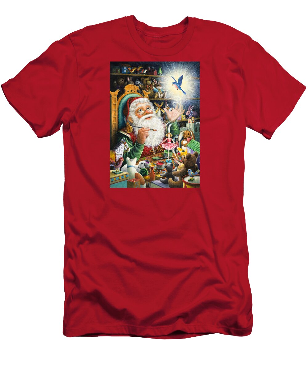 Santa Claus T-Shirt featuring the painting Santa's Workshop by Lynn Bywaters