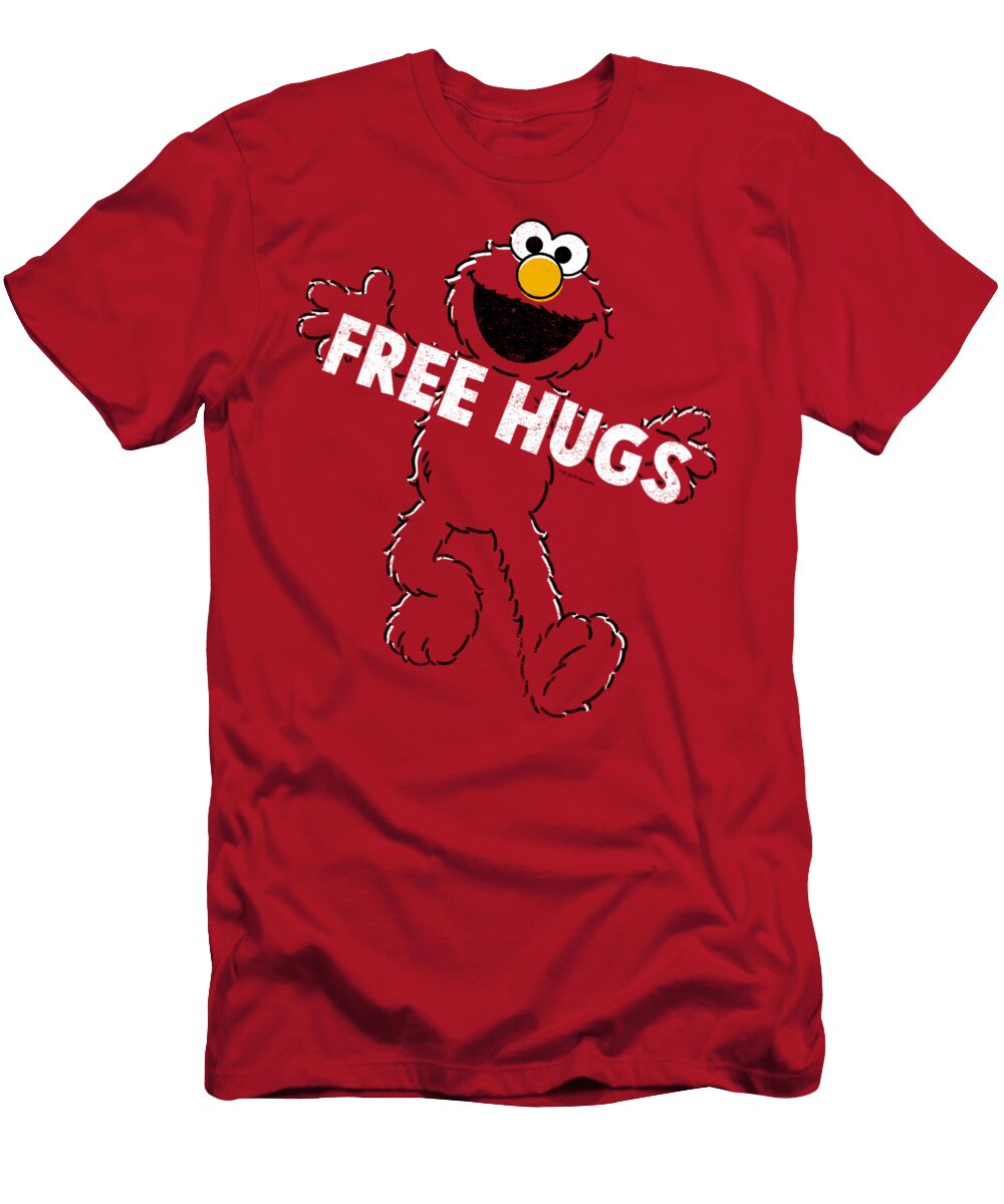 Red Background T-Shirt featuring the digital art Sesame Street - Free Hugs by Brand A