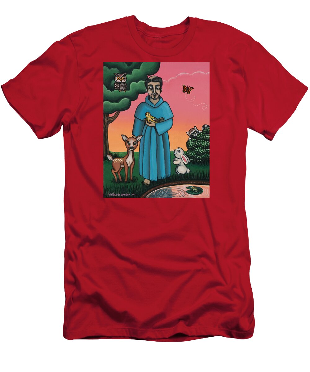 St. Francis T-Shirt featuring the painting St. Francis Animal Saint by Victoria De Almeida